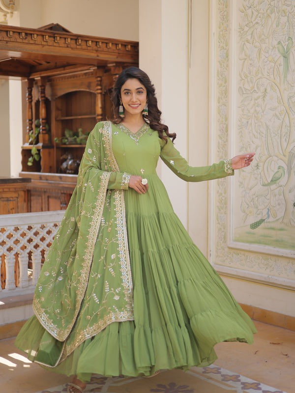 Faux Georgette Embroidered Gown with Sequin Dupatta