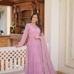 Faux Georgette Embroidered Gown with Sequin Dupatta