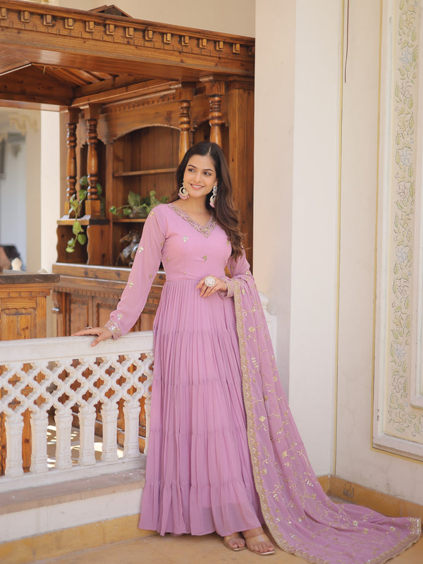 Faux Georgette Embroidered Gown with Sequin Dupatta