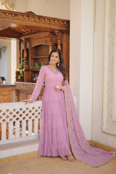 Faux Georgette Embroidered Gown with Sequin Dupatta