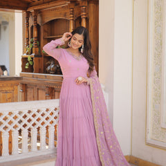Faux Georgette Embroidered Gown with Sequin Dupatta
