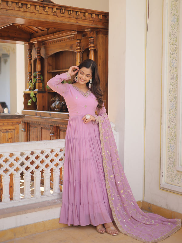 Faux Georgette Embroidered Gown with Sequin Dupatta