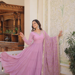 Faux Georgette Embroidered Gown with Sequin Dupatta