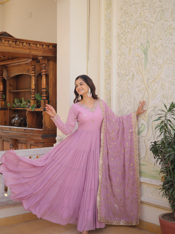 Faux Georgette Embroidered Gown with Sequin Dupatta