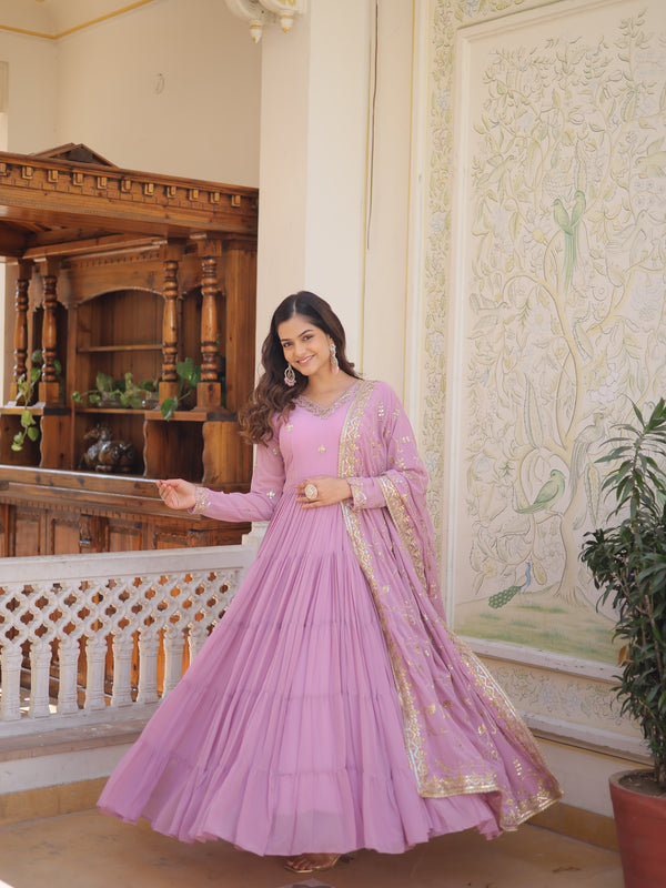 Faux Georgette Embroidered Gown with Sequin Dupatta