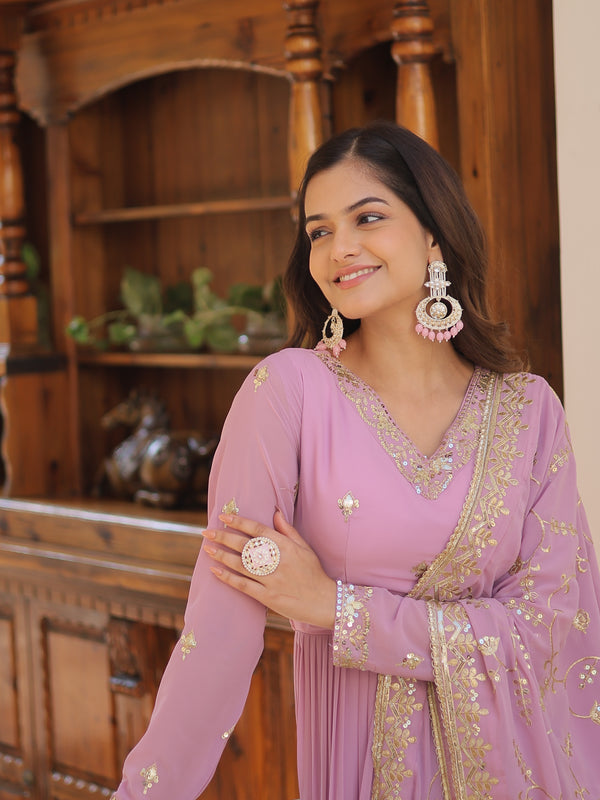 Faux Georgette Embroidered Gown with Sequin Dupatta
