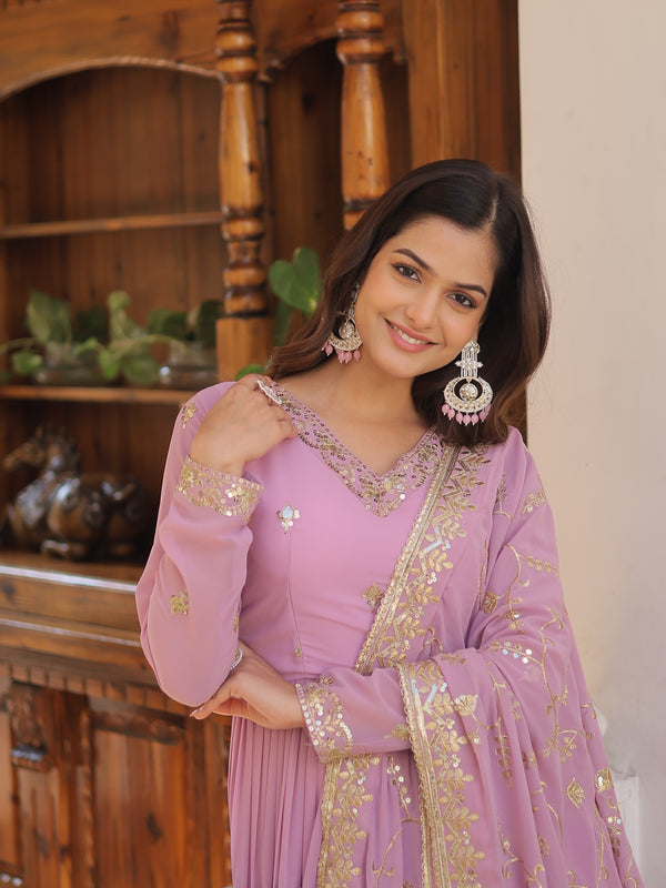 Faux Georgette Embroidered Gown with Sequin Dupatta