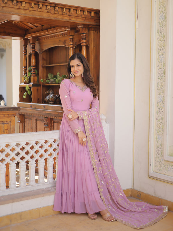 Faux Georgette Embroidered Gown with Sequin Dupatta