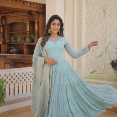 Faux Georgette Embroidered Gown with Sequin Dupatta