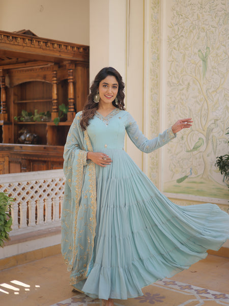 Faux Georgette Embroidered Gown with Sequin Dupatta