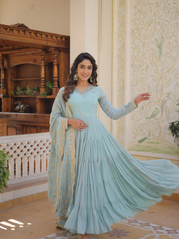 Faux Georgette Embroidered Gown with Sequin Dupatta