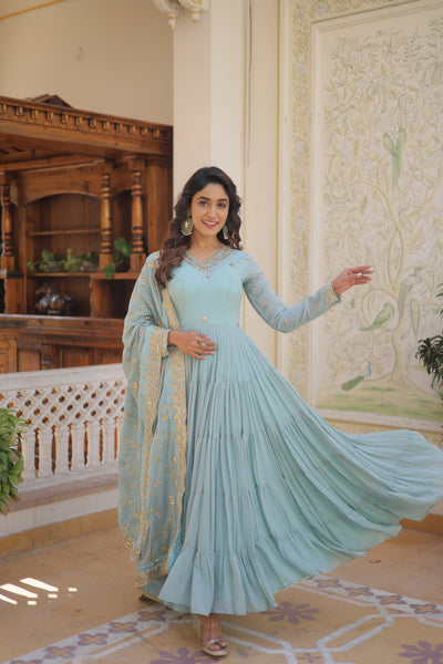 Faux Georgette Embroidered Gown with Sequin Dupatta