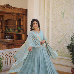 Faux Georgette Embroidered Gown with Sequin Dupatta