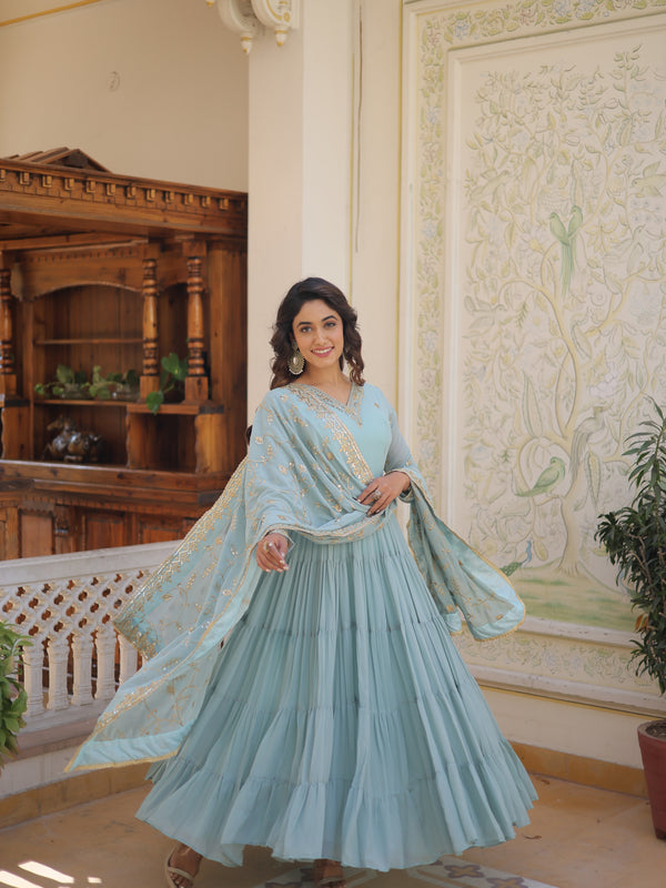 Faux Georgette Embroidered Gown with Sequin Dupatta