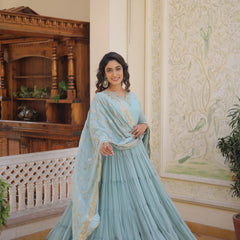 Faux Georgette Embroidered Gown with Sequin Dupatta
