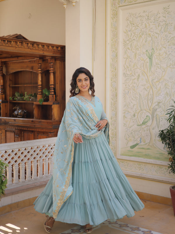 Faux Georgette Embroidered Gown with Sequin Dupatta