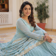 Faux Georgette Embroidered Gown with Sequin Dupatta