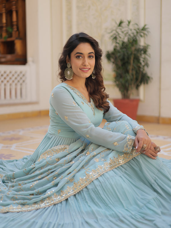 Faux Georgette Embroidered Gown with Sequin Dupatta