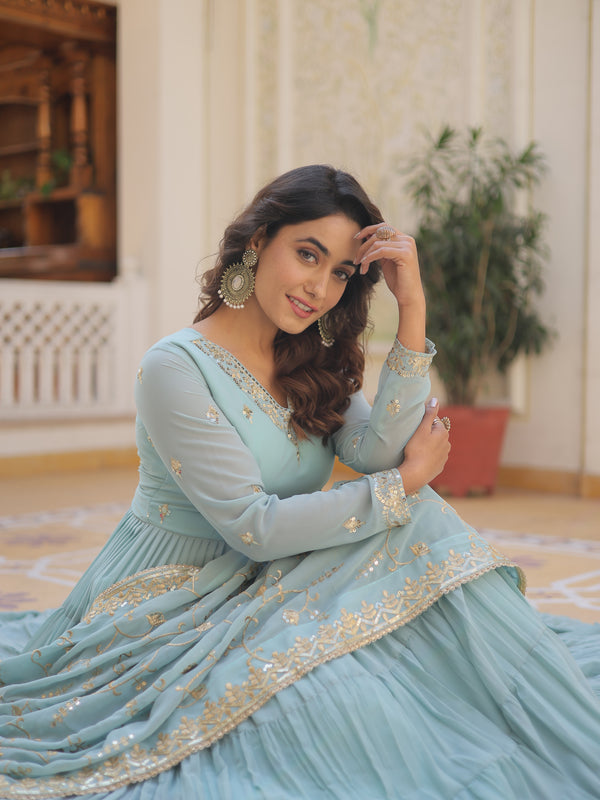 Faux Georgette Embroidered Gown with Sequin Dupatta