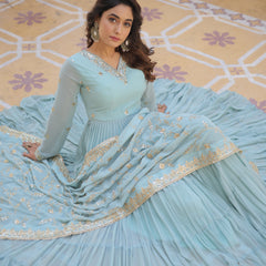 Faux Georgette Embroidered Gown with Sequin Dupatta