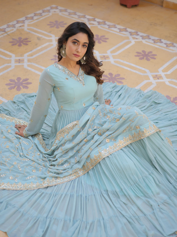 Faux Georgette Embroidered Gown with Sequin Dupatta