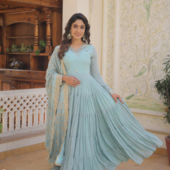Faux Georgette Embroidered Gown with Sequin Dupatta