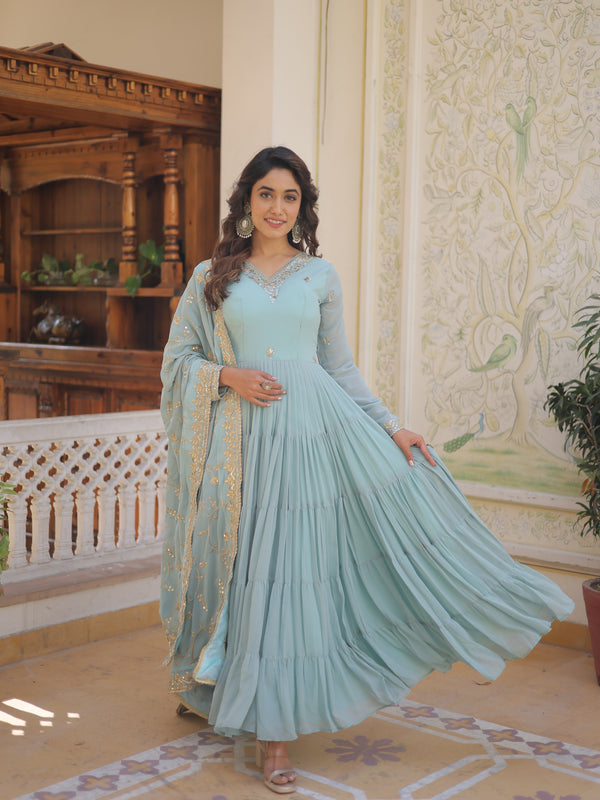 Faux Georgette Embroidered Gown with Sequin Dupatta