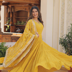 Faux Georgette Embroidered Gown with Sequin Dupatta