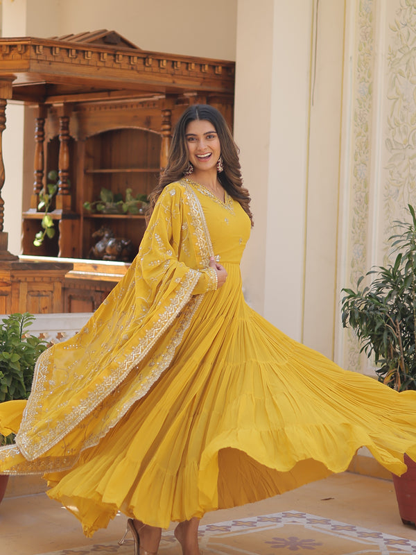 Faux Georgette Embroidered Gown with Sequin Dupatta