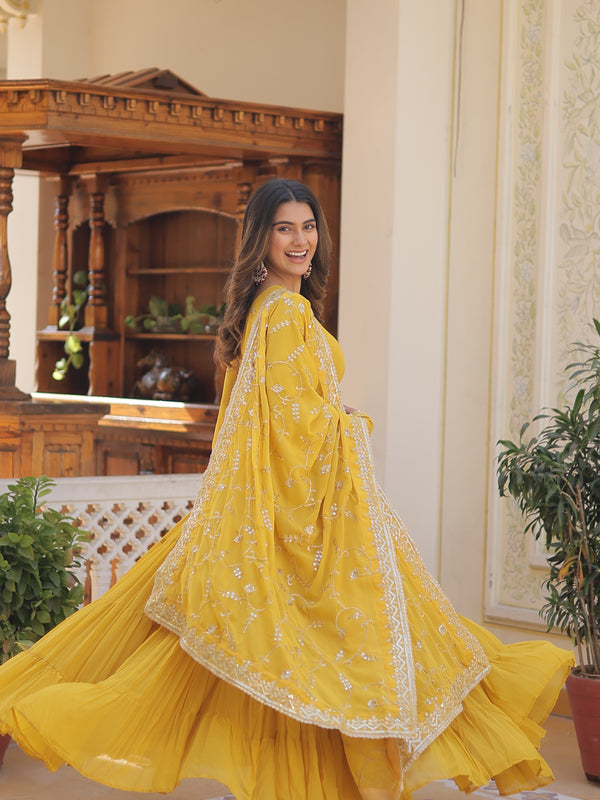 Faux Georgette Embroidered Gown with Sequin Dupatta