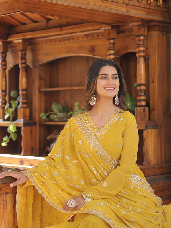 Faux Georgette Embroidered Gown with Sequin Dupatta