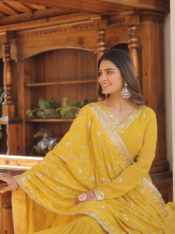 Faux Georgette Embroidered Gown with Sequin Dupatta