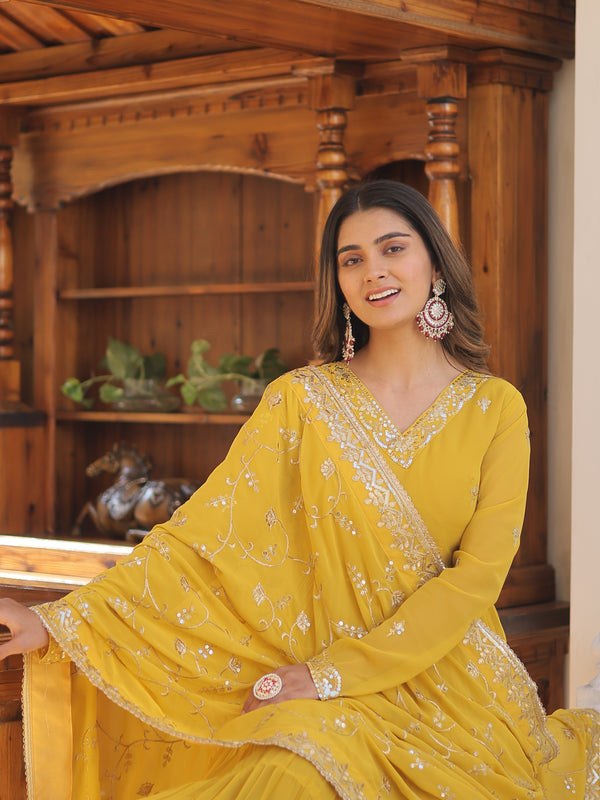 Faux Georgette Embroidered Gown with Sequin Dupatta