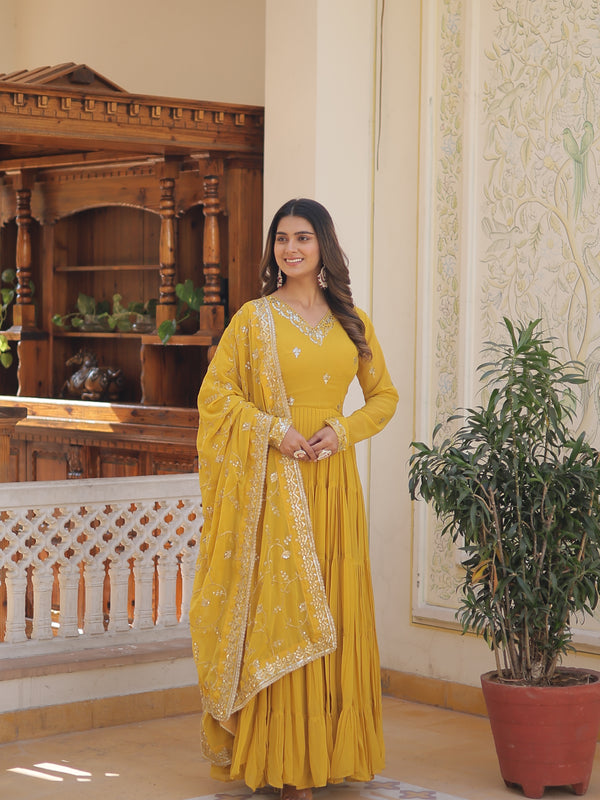 Faux Georgette Embroidered Gown with Sequin Dupatta