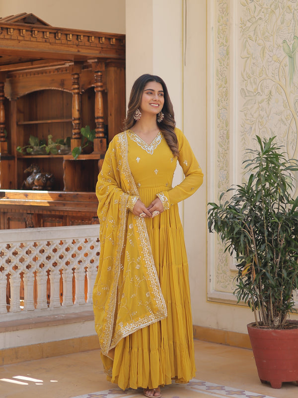 Faux Georgette Embroidered Gown with Sequin Dupatta