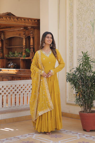Faux Georgette Embroidered Gown with Sequin Dupatta