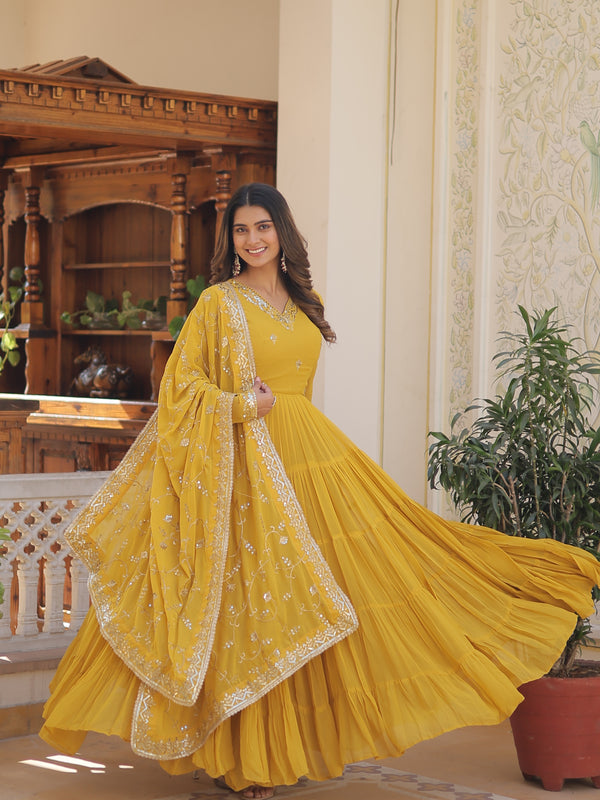 Faux Georgette Embroidered Gown with Sequin Dupatta