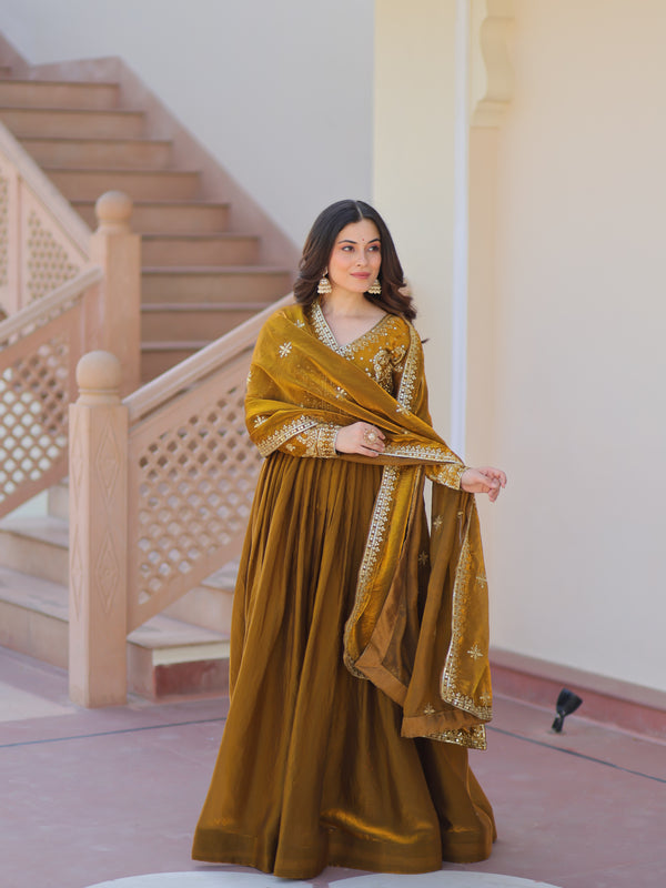 Fendy Fabric Zari Embroidered Gown with Dupatta