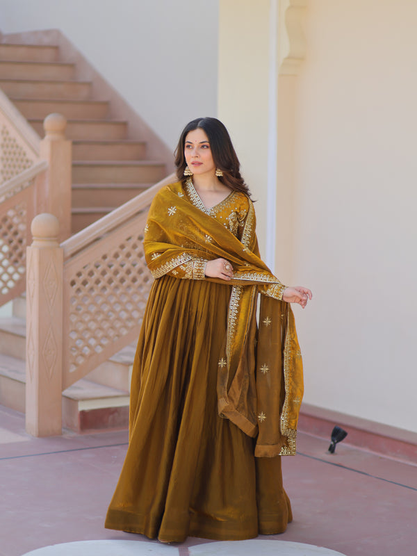 Fendy Fabric Zari Embroidered Gown with Dupatta
