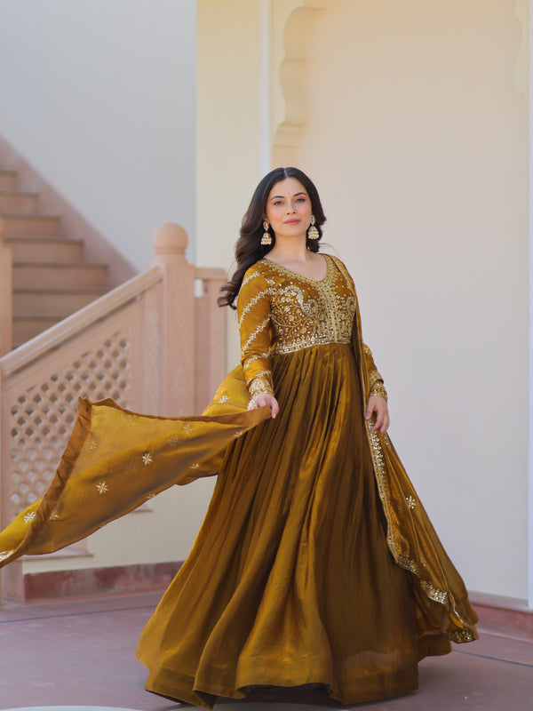 Fendy Fabric Zari Embroidered Gown with Dupatta