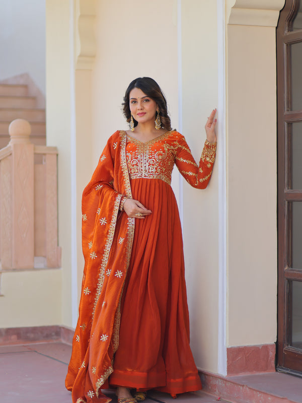 Fendy Fabric Zari Embroidered Gown with Dupatta