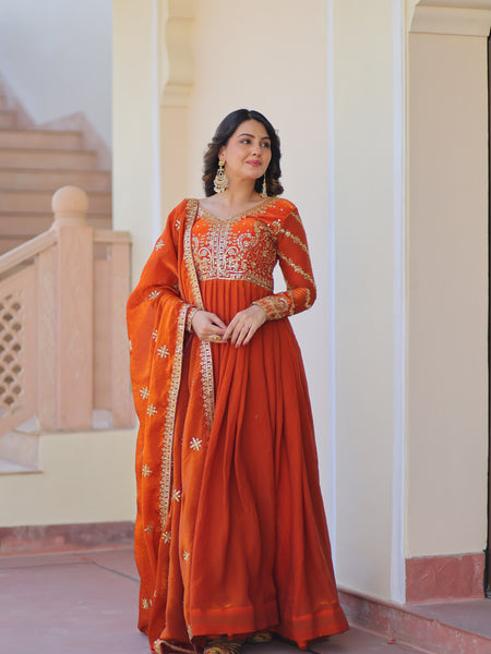 Fendy Fabric Zari Embroidered Gown with Dupatta