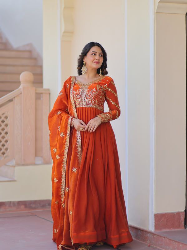 Fendy Fabric Zari Embroidered Gown with Dupatta