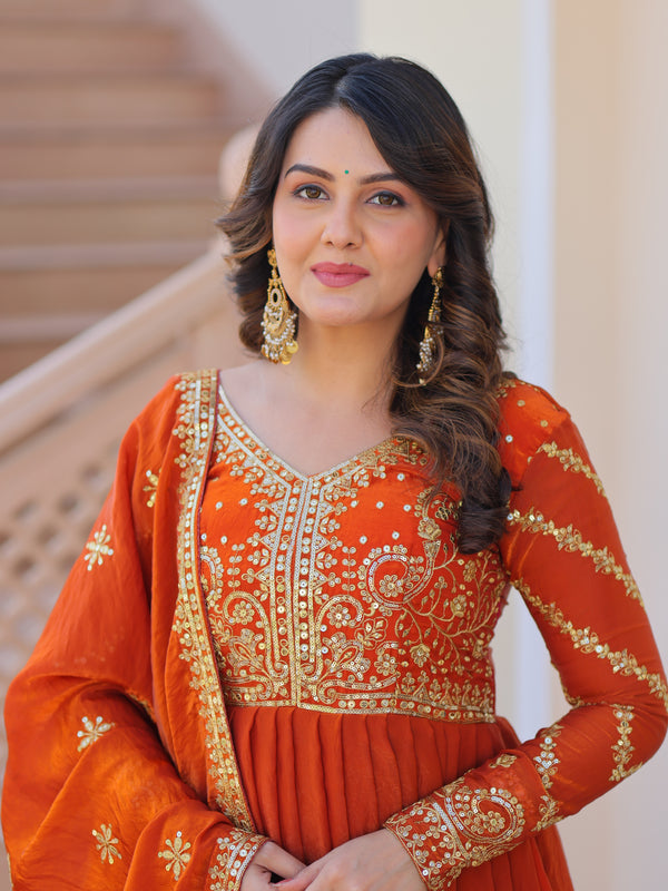 Fendy Fabric Zari Embroidered Gown with Dupatta
