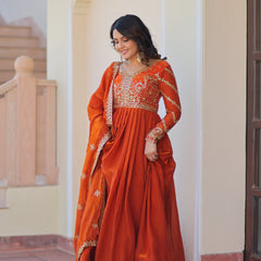 Fendy Fabric Zari Embroidered Gown with Dupatta