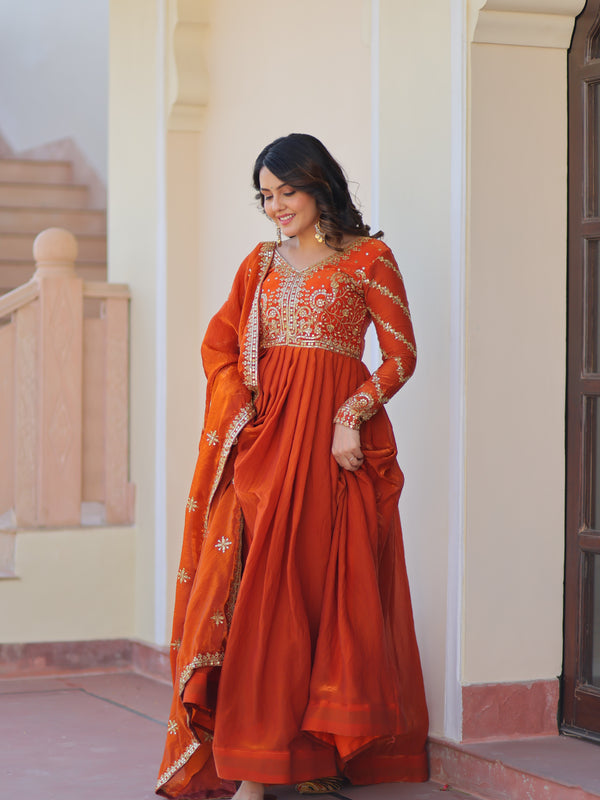 Fendy Fabric Zari Embroidered Gown with Dupatta