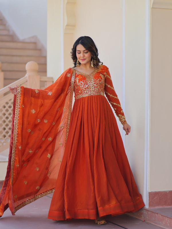 Fendy Fabric Zari Embroidered Gown with Dupatta