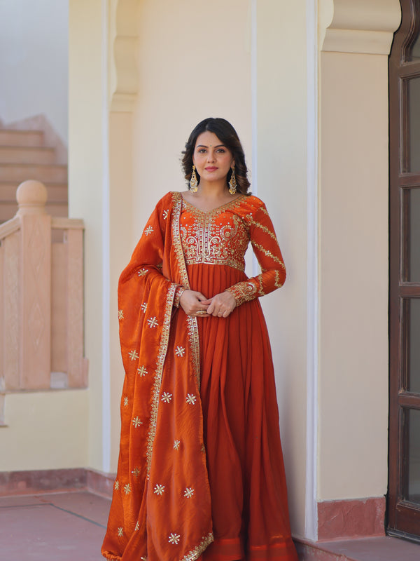 Fendy Fabric Zari Embroidered Gown with Dupatta