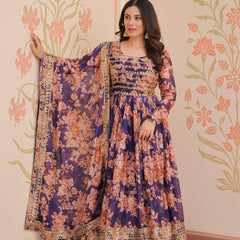 Digital Print Embroidered Gown with Dupatta