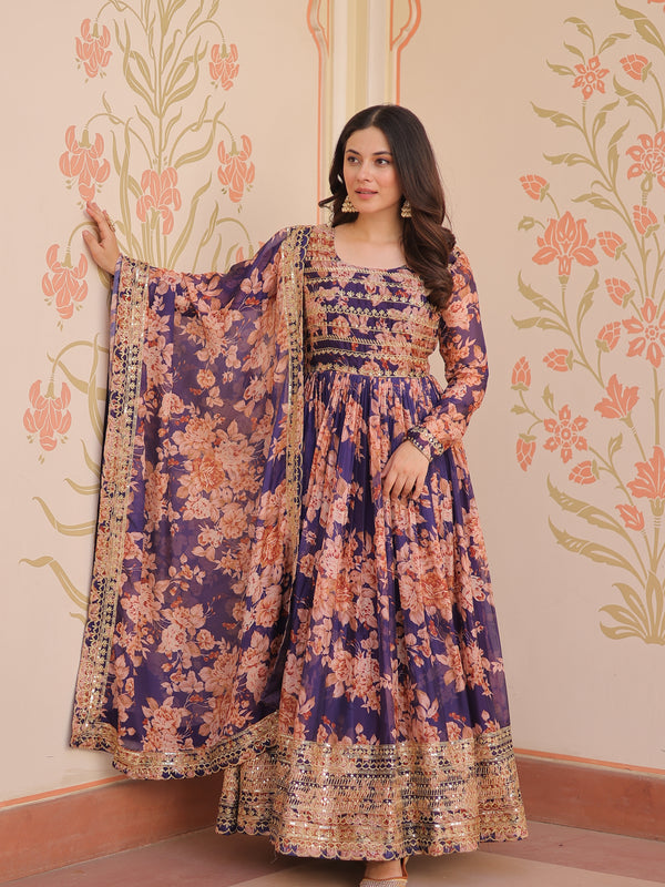 Digital Print Embroidered Gown with Dupatta